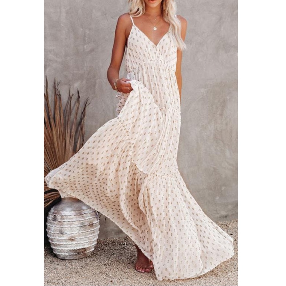 White and Gold Spaghetti Strap Ruffled Maxi Dress